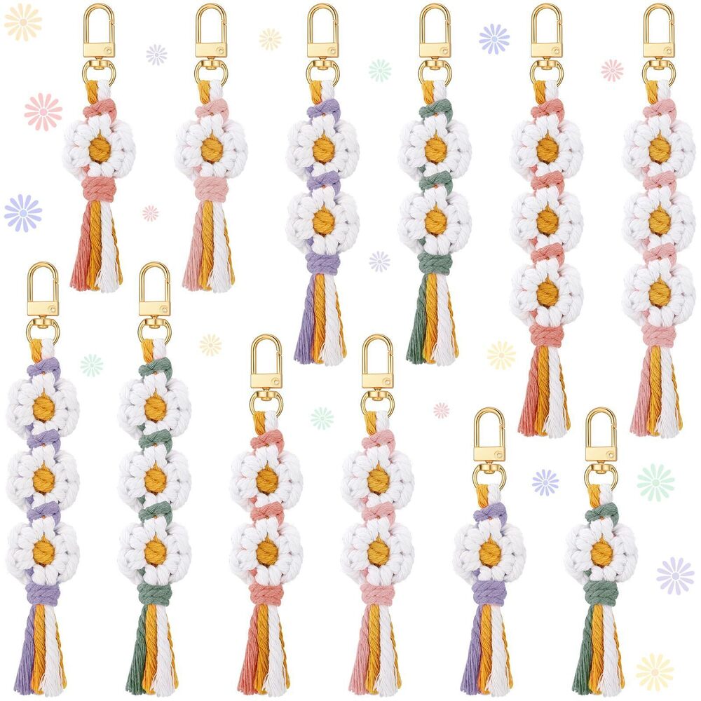 6527 12 Pcs Boho Macrame Wristlet Keychain Flower Handmade Wristlet Cute